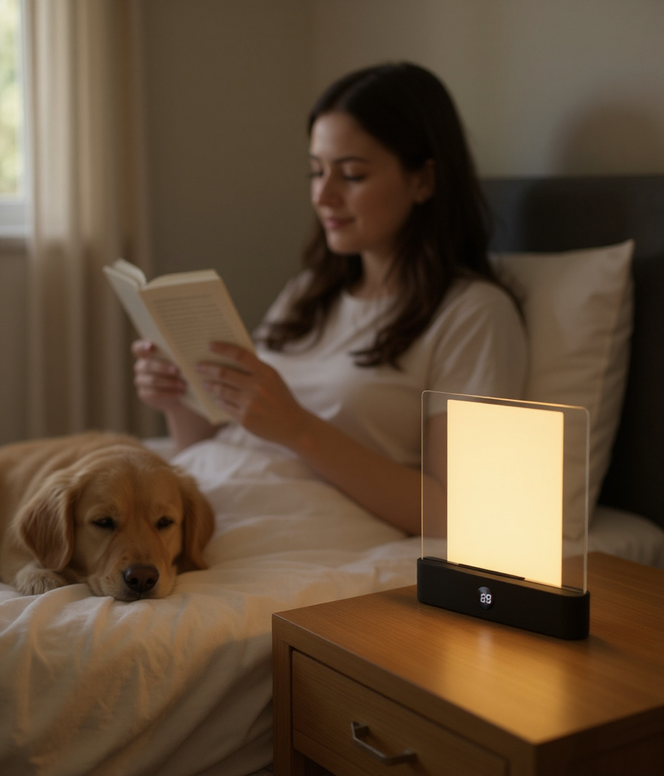 Reading in bed beside a golden retriever, Lumora glowing softly on the nightstand