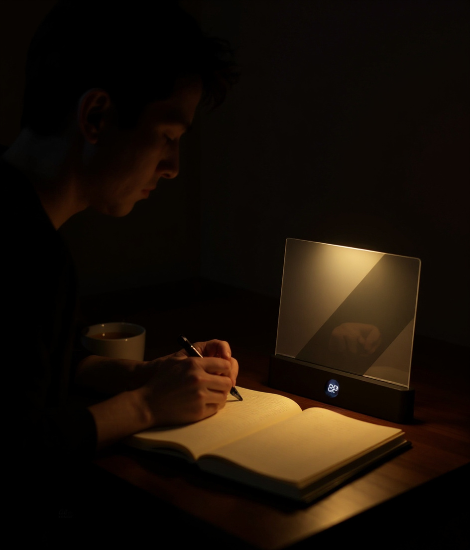 Late-night writing session lit by Lumora