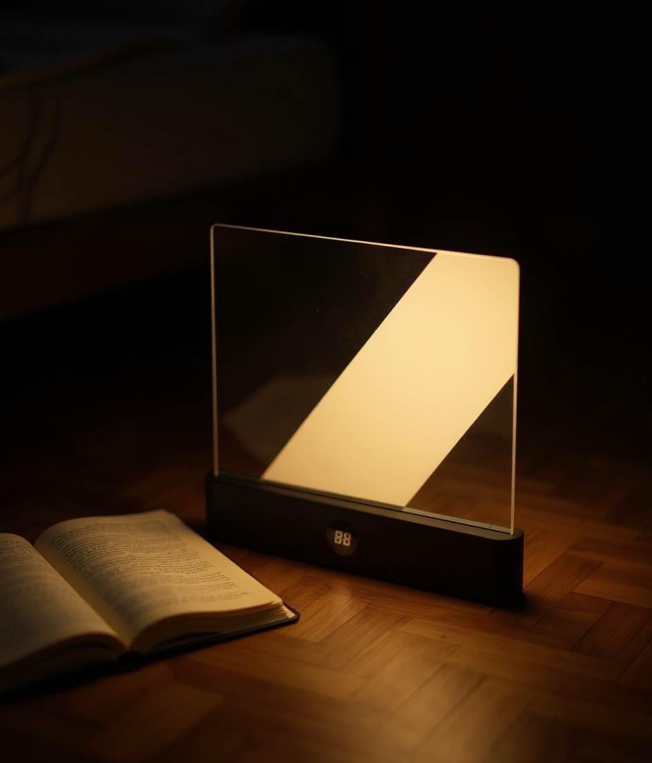 Lumora Reader glowing on warm parquet with an open paperback