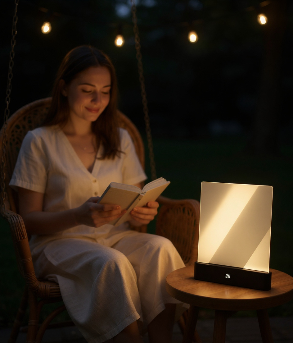A reader on a porch swing at dusk, Lumora lighting her book