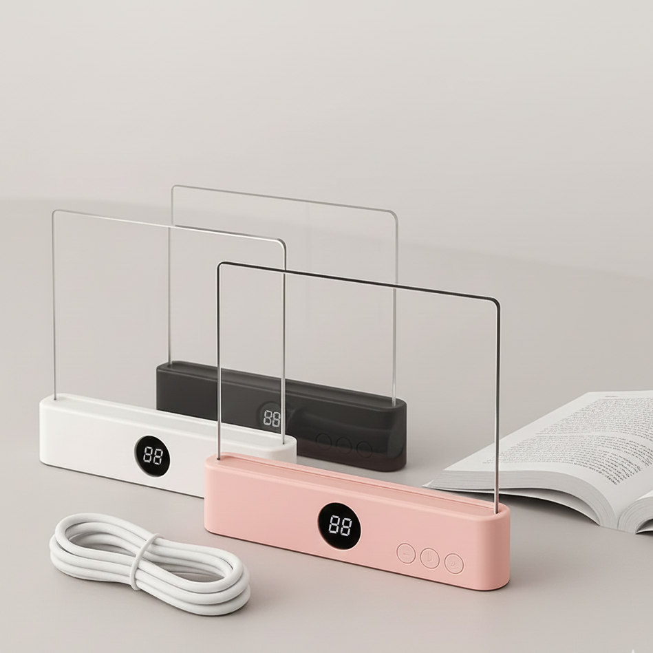 Three Lumora Reader finishes — black, white, and pink — grouped with a paperback